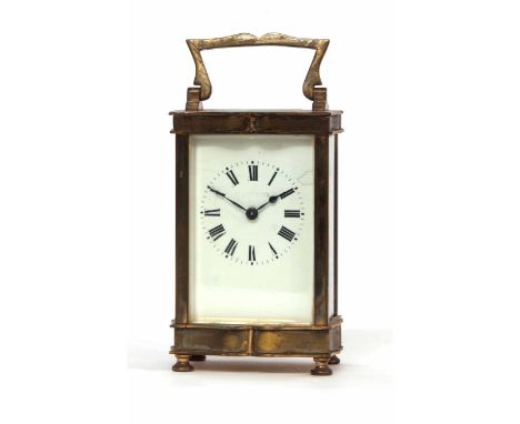 Early 20th century French lacquered brass carriage timepiece with replacement lever platform escapement to a Roman enamel dia