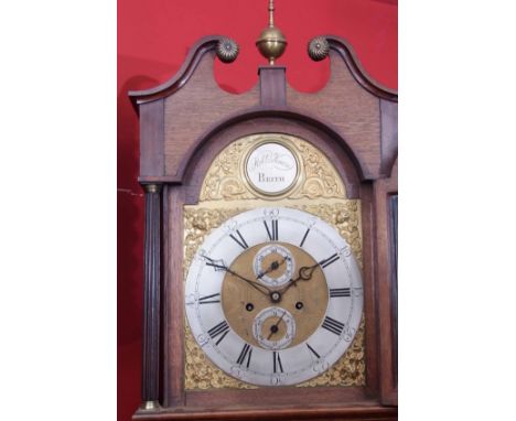 Late 19th century oak and mahogany cross-banded 8-day longcase clock, Robt Knox - Beith, the hood with swan neck pediment and