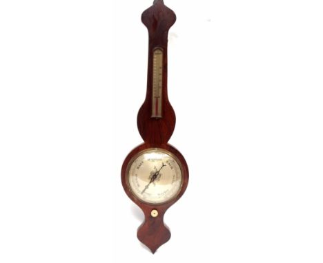 Late 19th century rosewood onion top wheel barometer, unsigned, with single scale silvered alcohol thermometer to a spun bras