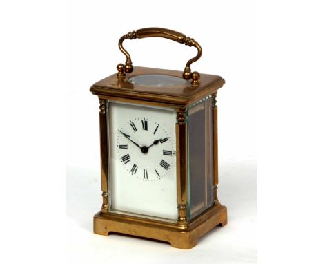 Early 20th century French lacquered brass carriage timepiece, the silvered lever platform escapement to a Roman enamel dial w