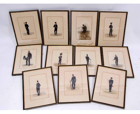 Eleven framed watercolours each depicting infantry and officers in early 19th century uniform, each of portrait form within H