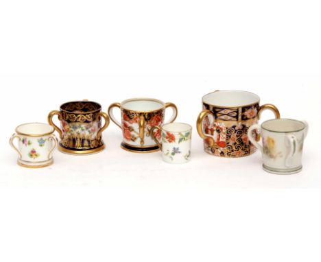 Group of six miniature tygs, two Royal Crown Derby, Crown Staffordshire and three Royal Worcester, with various Imari and flo