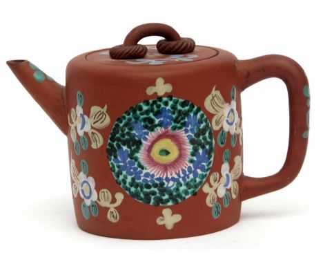 Chinese red ware pottery tea pot decorated with an anglaise enamel design with seal mark to base, 9 1/2 cms high 
