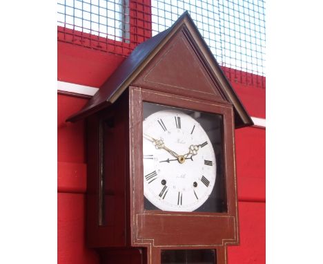 Mid-19th century French wall mounted weight driven clock, Robert a Albi, the red painted and gilt highlighted case with archi