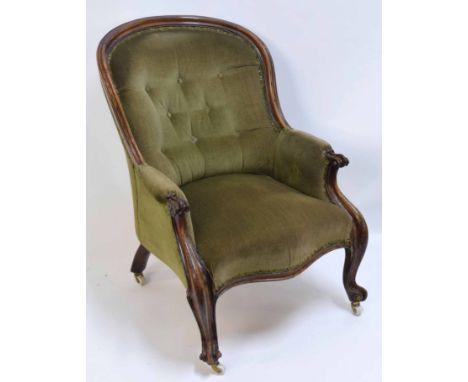 Victorian mahogany gent's chair with swept spoon back, upholstered in pale green button back  380-120 