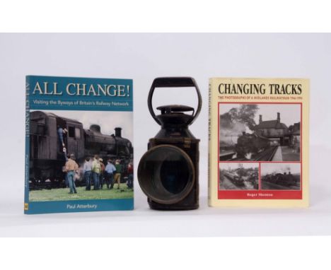 First half of 20th century black painted steel railway signal lamp, stamped BR with rotating carry handle and alternating cle