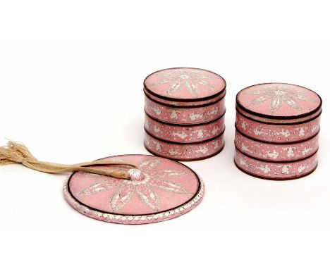 Cloisonne mirror with a pink enamel decoration together with a series of stackable small cloisonne boxes and with a cover at 