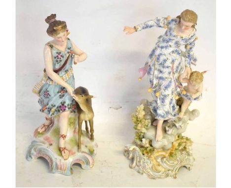 Two late 19th century Continental porcelain figures, one probably Sitzendorf as Diana the Huntress with a deer, the other as 