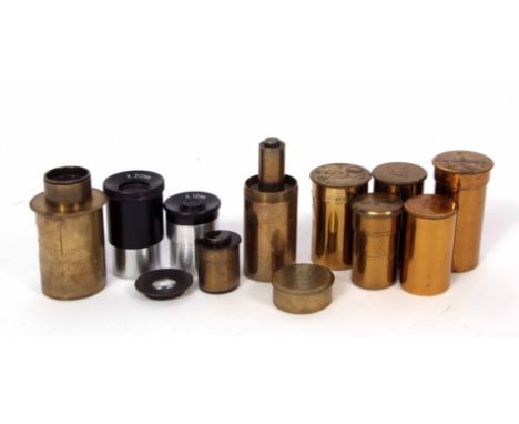 Mixed Lot: six various brass cased microscope lenses, together with assorted eye-piece and other optics (qty) 