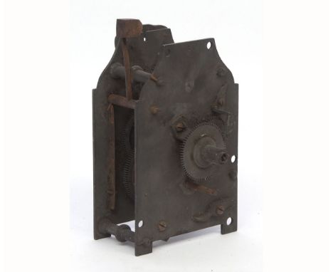 19th century single fusee clock movement with passing strike, the shaped plates united by four knopped pillars and with ancho