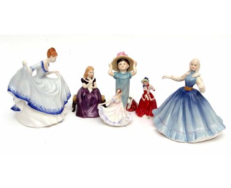 Group of six figures, Royal Doulton and Royal Worcester, of ladies and children in typical colours and designs  
