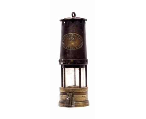 Early 20th century brass and steel miner's lamp, W E Teale &amp; Co Ltd - Swinton, Lanc, No 4 of typical tapering cylindrical