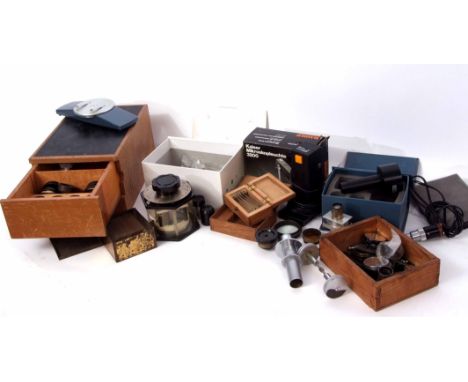 Mixed Lot: microscope cabinet with black inset top and fitted single drawer together with a preparation turntable, microscope