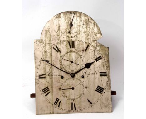 Early 19th century 8-day longcase clock movement, Clements - Oxford, the 30cms arched and engraved silvered dial with strike 