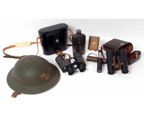 Mixed Lot: British drab green painted steel helmet together with two various pairs of cased binoculars, small single draw tel