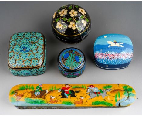 Five various painted wooden boxes and covers including an Asian pen box decorated with a deer hunting scene (5) 