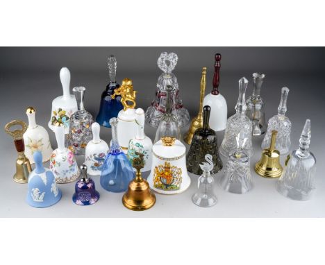 A collection of 26 ceramic, glass and metal ornamental bells including Wedgewood, Jasperware and bone china, Crown Staffordsh