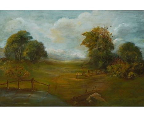 English School (19th Century)Landscape with cottage and figureoil on canvas, 40 x 55cm signed lower left J R Russell., titled