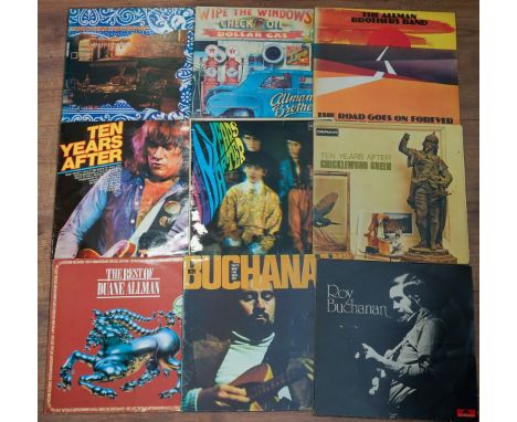 A box containing forty five LPs and eight singles records, LPs include The Allman Brothers Band - The Road Goes On Forever, W