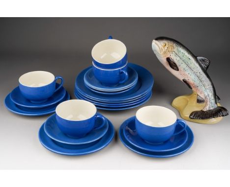 A selection of Moorcroft Powder Blue to include, cups, saucers, etc (19 pieces); a Beswick trout 20cm high.
