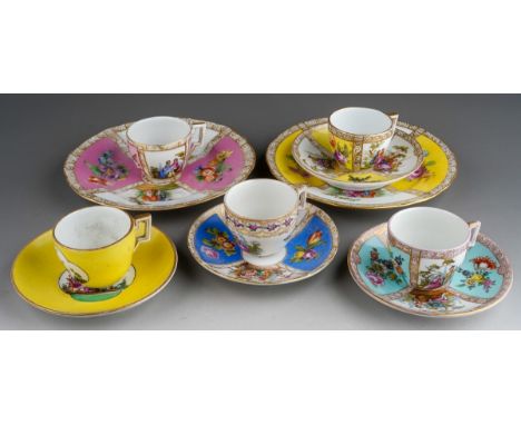 A collection of late 19th and early 20th century Dresden and other German porcelain tea ware, comprising five cabinet cups, f