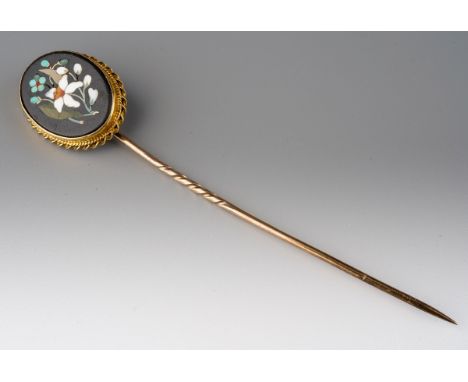A late 19th century Pietra Dura stickpin. Set with an oval shape Pietra Dura panel, within a rope twist border, with associat