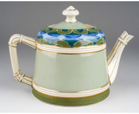 A James Macintyre &amp; Co bachelors teapot of conical form, tube lined decoration to the shoulders, bands of sage green, pri