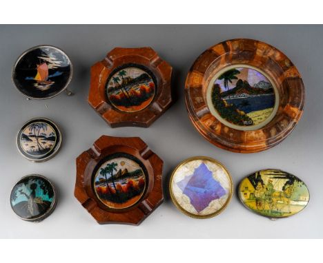Three various Rio de Janeiro reverse glass butterfly wing wood mounted ashtrays with a Rio brass mounted dish together with t