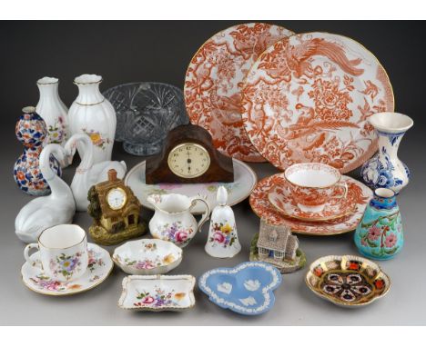 A collection of Royal Crown Derby to include: Red Aves cup, saucer, lunch plate, two dinner plates; an Imari hexagonal dish; 