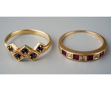 Two 9ct gold gem set rings. One set with sapphires, one set with ruby and diamonds. Hallmarked 9ct gold, gross weight 3.11 gr