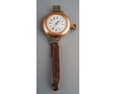 Continental ladies yellow metal (marked 585 for 14k) stem watch, enamel face, engraved detail to back and engine turned sides