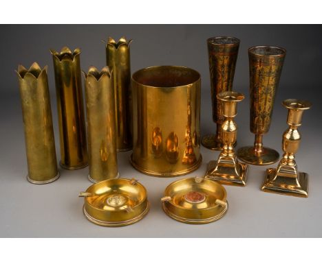 Assorted Trench Art to include: two ashtrays one inset with George V coin, the other with a military button, a large shell ca