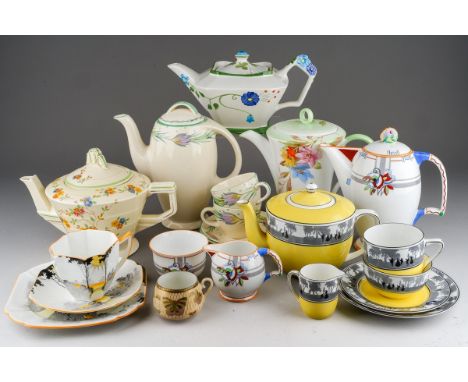 A box of Shelley, Foley, James Kent, Grindley, Burleigh tea wares, including a Shelley Sunrise and Tall Trees trio, pattern n