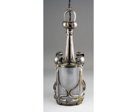 An early 20th century Art Nouveau nickel plated Osler style lantern light, the cylindrical frame of stylised foliate motifs, 