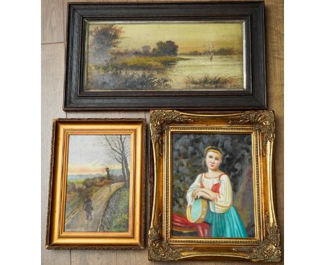 Three 20th Century paintings to include: Continental School portrait of a girl with tambourine, oil on board, 24 x 19cm, fram
