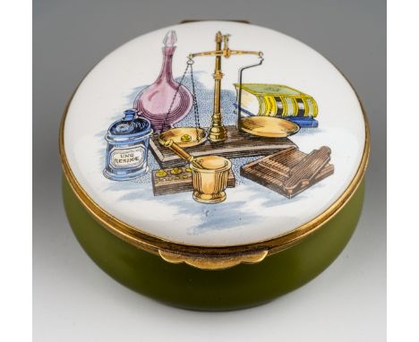 Round blue enamel box with hinged lid featuring a pharmacy scene with  bronze rims and hardware. Crummles &amp; Co backstamp.