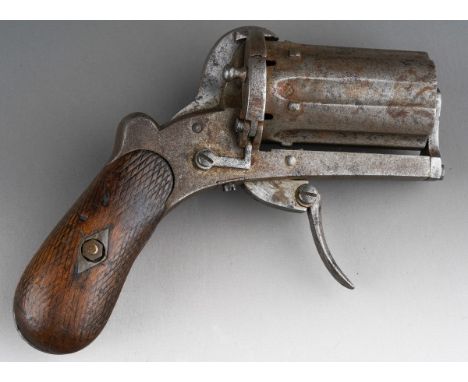 A 19th century Belgian 7mm six shot pin fire pepperbox pistol, wooden grip plain one side and chequered to the other, proof m