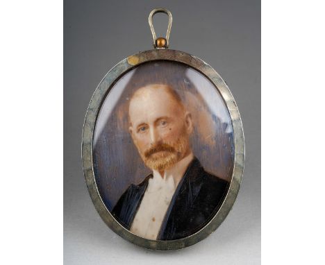 A late Victorian portrait miniature of a Gentleman in white tie, oval in planished white metal frame, the miniature is 5cm wi