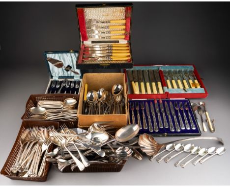 A collection of plate to include: a late 19th Century Mappin & Webb Princes plate Onslow pattern part flatware service includ