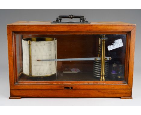 A late 19th century walnut barograph, with carrying handle to the top, glazed to the front and left hand side, hinger to righ