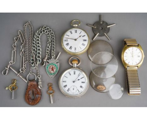 A small parcel of two pocket watches, Tissot Automatic Seastar gents wrist watch, watch keys, base metal chains, watch glasse