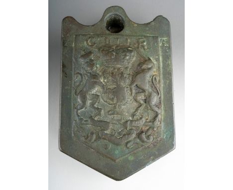 18th century Georgian bronze 7lb wool weight, mounted on a wooden block as it has been used as a paperweight for many years. 