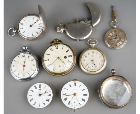 Collection of pocket watches to include 3 silver cased ones, movements, together with Orlik, Vienna lighter (q)