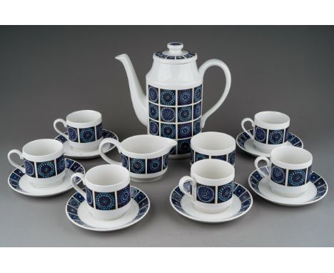 A Midwinter Madeira pattern fifteen piece coffee set, comprising coffee pot and cover, cream jug, sugar bowl, six coffee cups