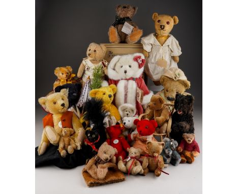 A large collection of Teddy Bears including vintage German circa 1950s mtwo called Darby and Joan both clothed, a Meccano clo