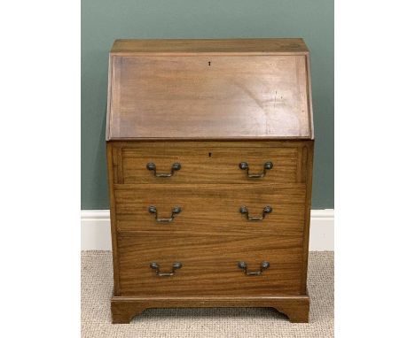 NEAT REPRODUCTION MAHOGANY BUREAU, sloped fall, interior pigeonholes, three long drawers, circular pommels with swan neck han