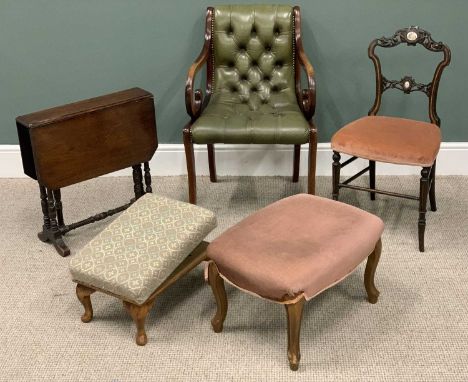 FIVE PIECES VICTORIAN AND LATER OCCASIONAL FURNITURE, comprising button upholstered reproduction green leather effect arm cha