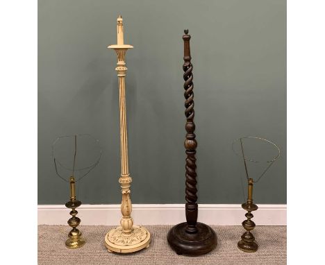 FOUR HOUSEHOLD INTERIOR LAMPS, comprising oak barley twist standard lamp, open twist upper detail, circular base, bun feet, 1