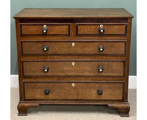 ANTIQUE OAK & CROSS BANDED MAHOGANY CHEST circa 1850, two short, three long pine lined drawers, turned ebony knobs, inset ivo