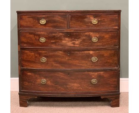 REGENCY MAHOGANY BOW FRONT CHEST, two short, three long oak lined drawers, cast brass oval backplates, ring-pull handles, coc
